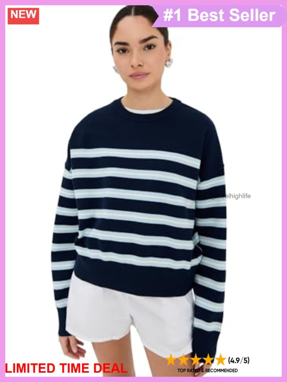 Striped Boxy Pullover Mid-Weight Knit Long Sleeve Crew Neck Top